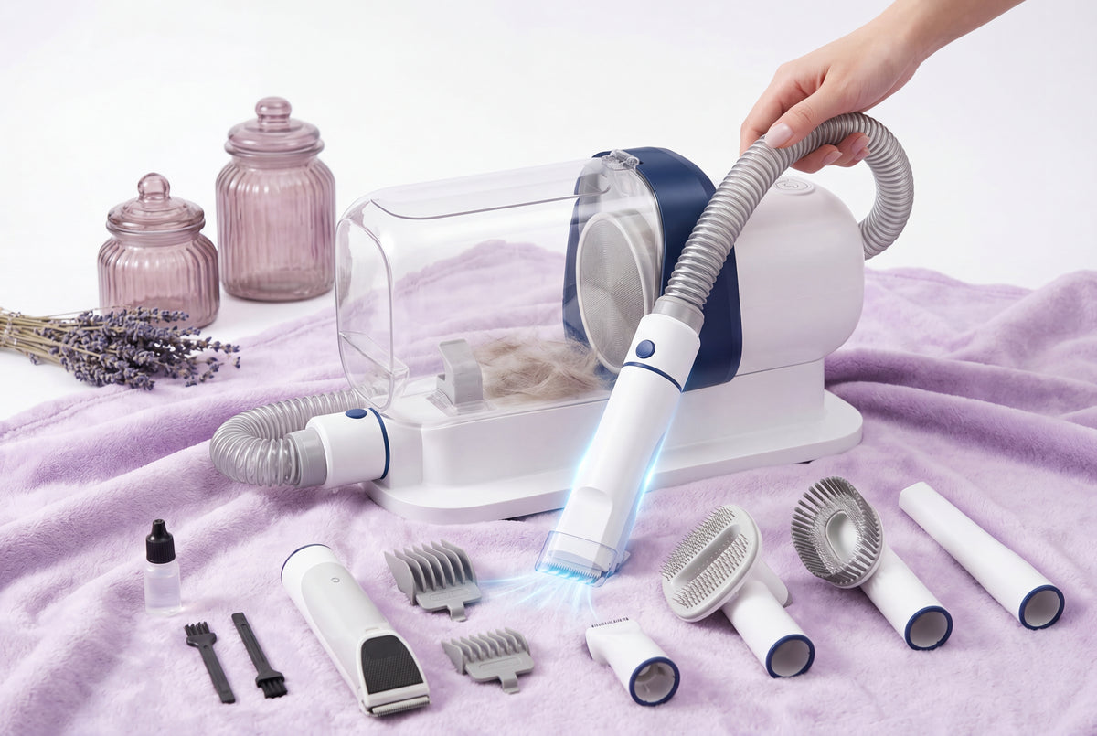 A LMVVC 4-In-1 Dog Grooming Kit with low noise clippers and supplies, arranged on a soft lavender blanket against a bright wh