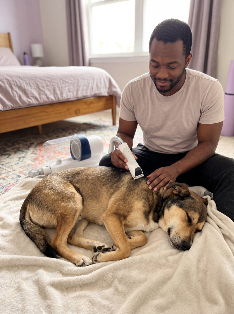 A diverse man gently grooms his sleeping rescue dog with a quiet grooming kit on a light-colored blanket in a sunlit bedroom.