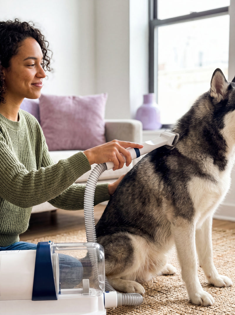 Person using a pet hair vacuum grooming kit on a husky, capturing loose fur before it hits the rug.