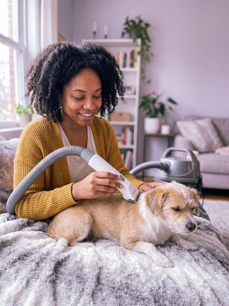 A woman with a relaxed smile grooms her small dog with the LMVVC Pet Hair Vacuum & Grooming Kit in a cozy, sunlit home.